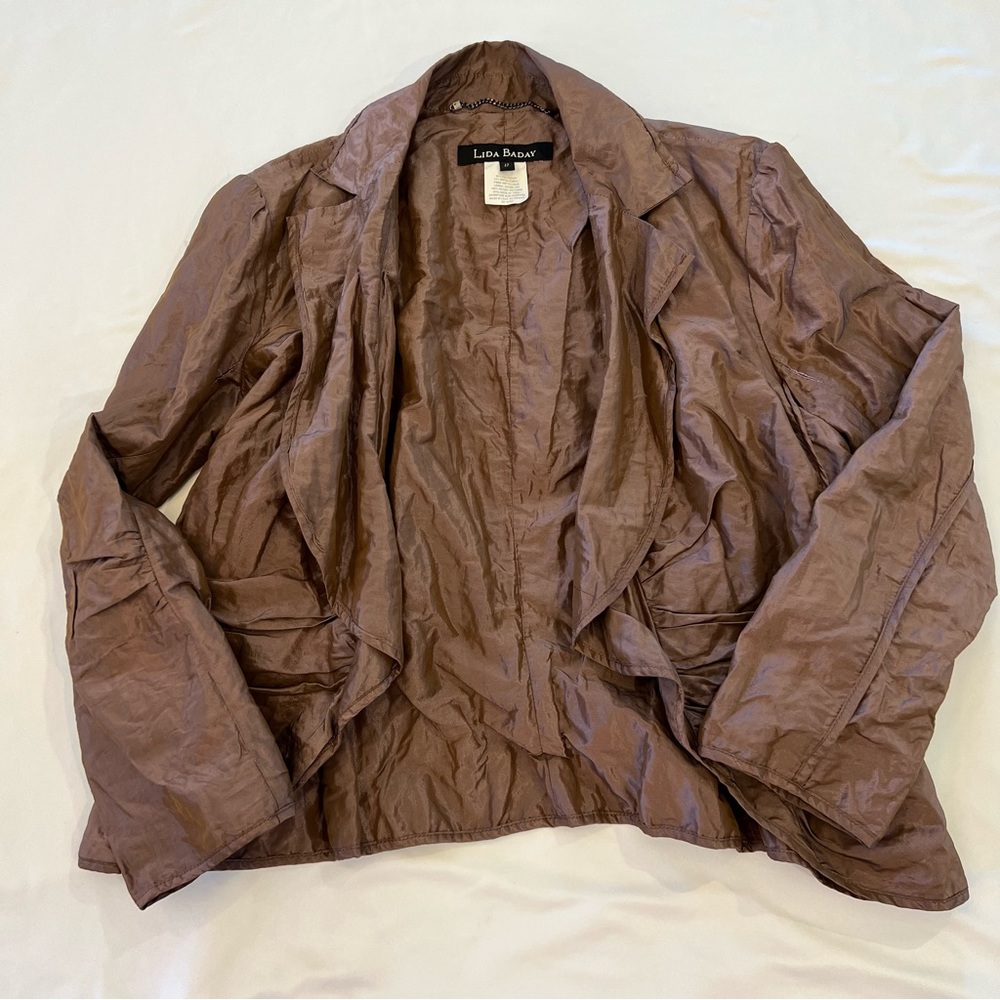 Lida Baday Ruched Metallic Crinkled Puckered Fitted Evening Blazer Jacket SZ 12 - Picture 10 of 16